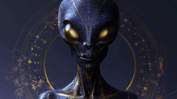 A close up of a blue alien with gold eyes and glowing lines