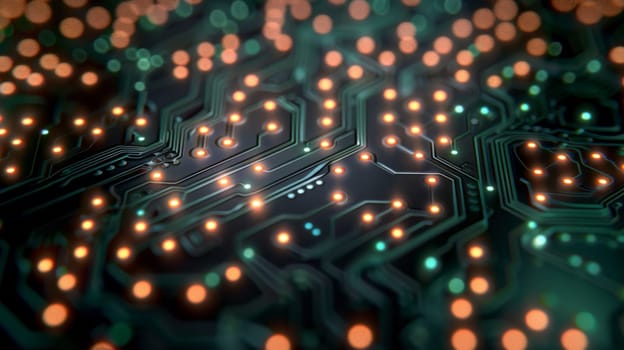 A close up of a circuit board with many lights on it