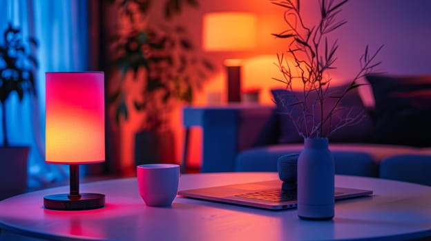 A table with a laptop, cup and vase on it