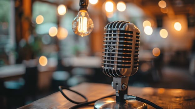 A microphone sitting on top of a wooden table with light bulb