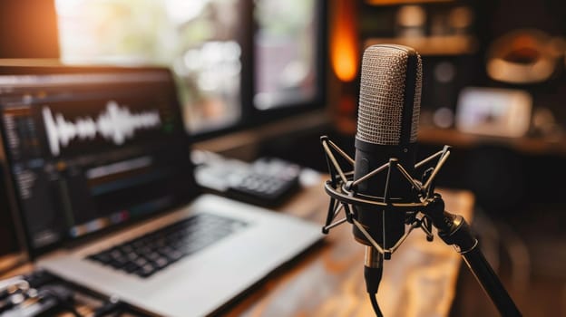 A microphone sitting on top of a desk next to an open laptop