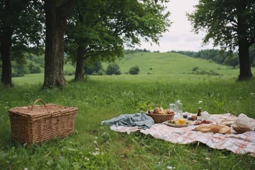 An idyllic summer picnic is displayed, with food-laden plates, a bottled drink, and a spread of bread on a picnic blanket.