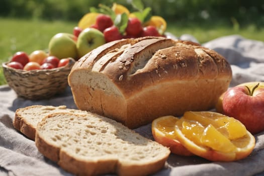 A display of tempting picnic delicacies includes two types of bread, juicy strawberries, ripe peaches, grapes, and a glass of fresh orange juice.