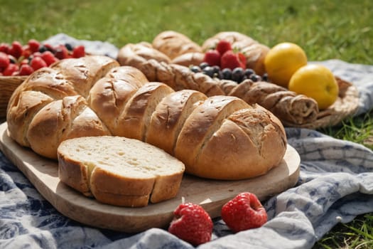 Exuding summer vibes, a picnic is laid out with ripe fruit, breads, and a glass of orange juice.