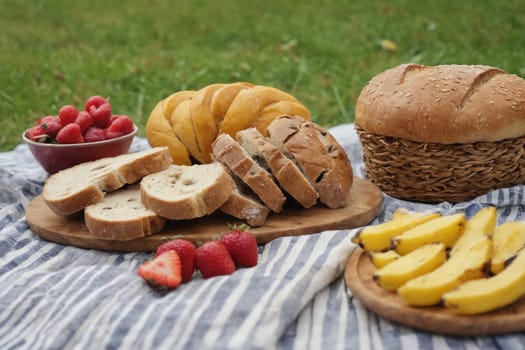 The picnic scene celebrates summer with a variety of fresh fruits, breads, and refreshing orange juice.