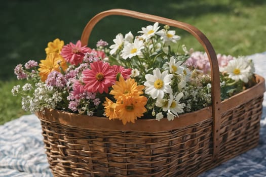 Blooming delightfully, a wicker basket full of vivacious yellow and pink flowers sits on a blanket against grassy green.