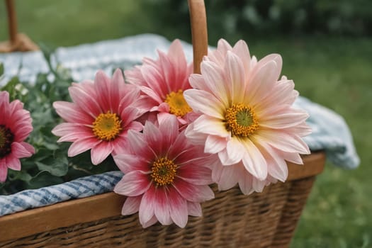 Add a touch of summer, a basket filled with bright yellow and pink flowers offers a charming outdoor view.