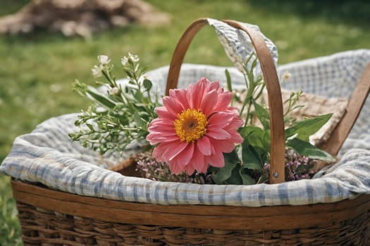 A picturesque spring outing with a wicker basket overflowing with lively yellow and pink flowers on a grassy lawn.