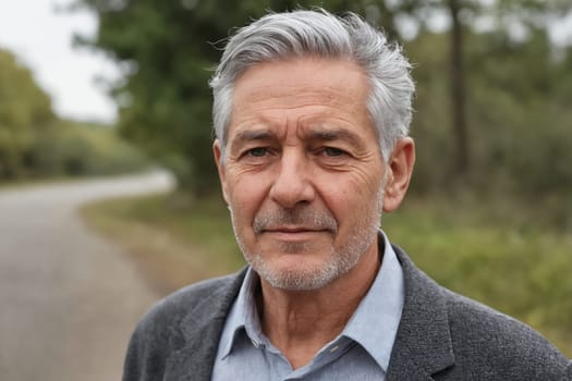 A calming shot of a senior individual in nature, dressed in a blue top with silver hair, showing moments of solitude and peace.