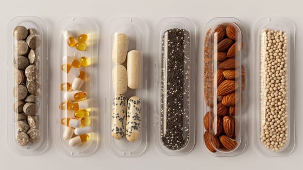 A row of containers with different types and sizes of pills