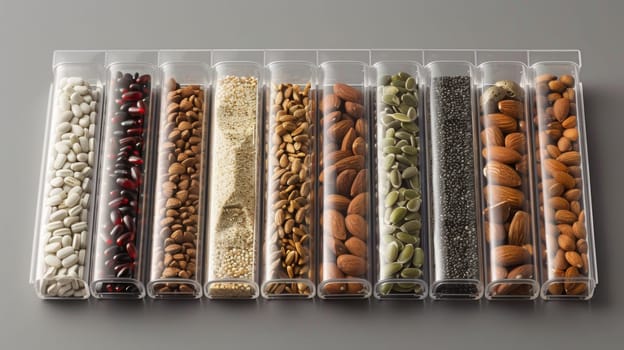 A row of clear containers filled with nuts and seeds