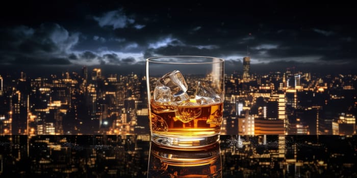 Glass of whiskey, the golden liquid swirling within, set against background of an urban skyline at night