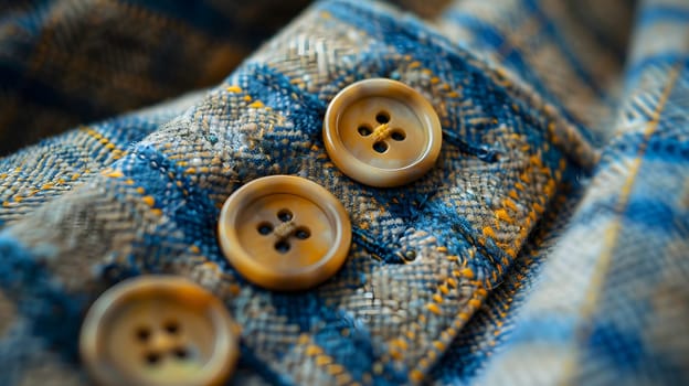 A closeup shot of three electric blue buttons on a stylish blue and yellow plaid shirt, showcasing a beautiful pattern and a fashion accessory made of metal and wood