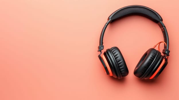A pair of black headphones on a pink background