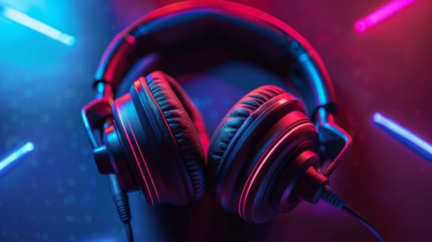 A pair of headphones are shown in a colorful light