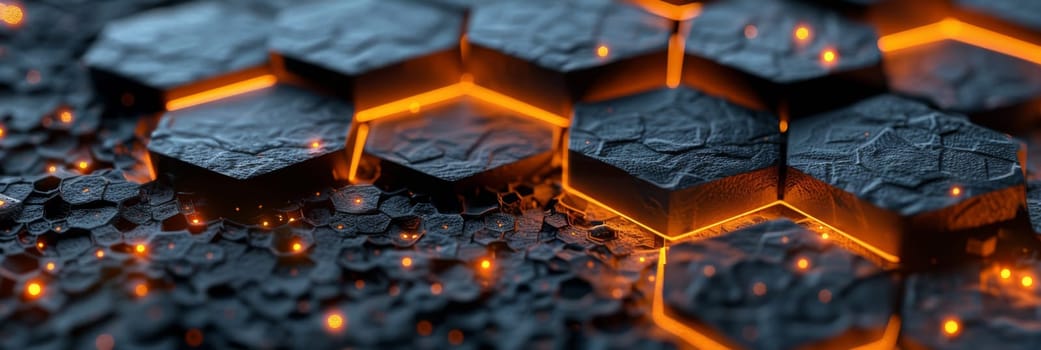 A close up of a bunch of hexagons with orange flames