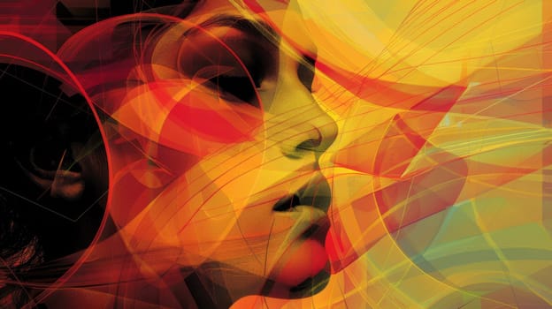 A woman's face is shown in a colorful abstract painting
