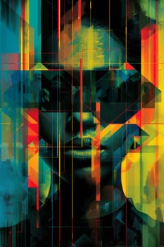 A woman with a colorful background and geometric shapes
