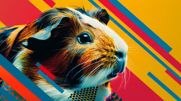 A guinea pig is shown in a colorful painting with geometric shapes