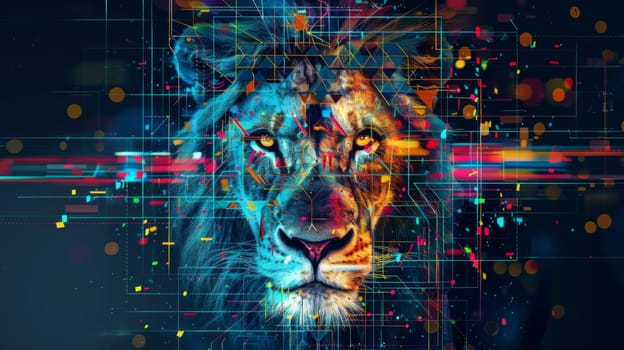 A digital image of a lion with geometric patterns surrounding it