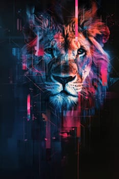 A lion is shown in a digital art piece with colorful lines