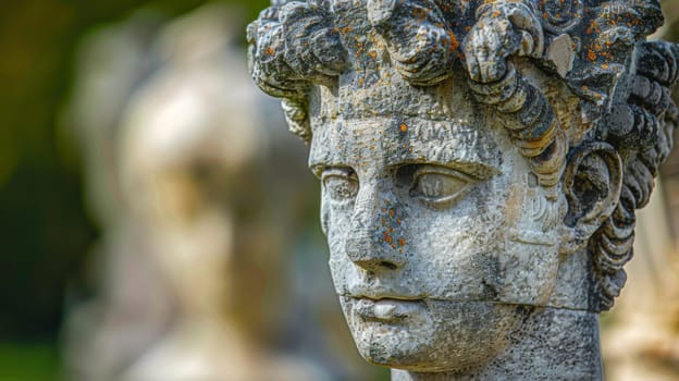 A close up of a fictional statue with curly hair on it's head