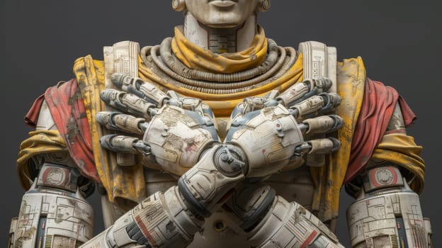 a fictional statue of a robot with arms crossed and hands on hips