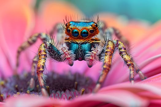 A vibrant jumping spider, a type of arachnid, perched on a magenta flower in its natural environment. This colorful insect exhibits unique adaptations as a terrestrial organism