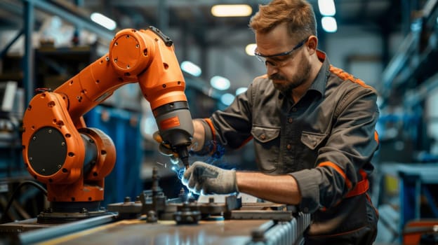 A man working on a robot in an industrial setting