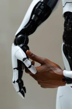 A robot hand holding a black object in its palm