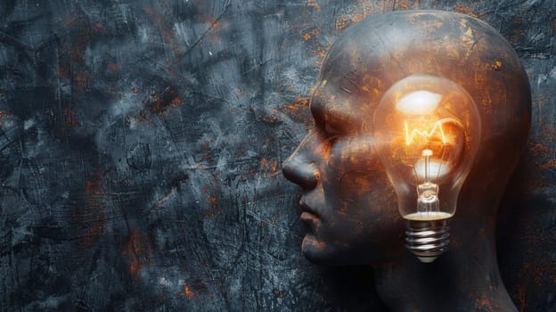 A light bulb is glowing inside of a head with the word "ideas" written on it