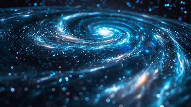 A spiral galaxy with blue and white lights