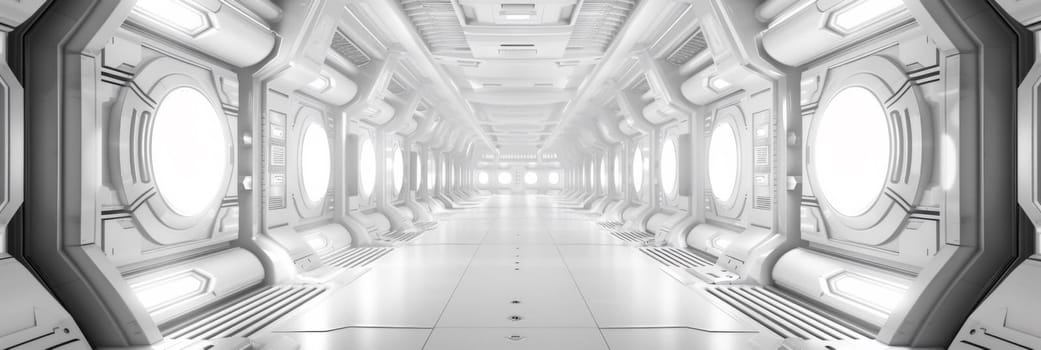 A futuristic white hallway with circular lights and windows