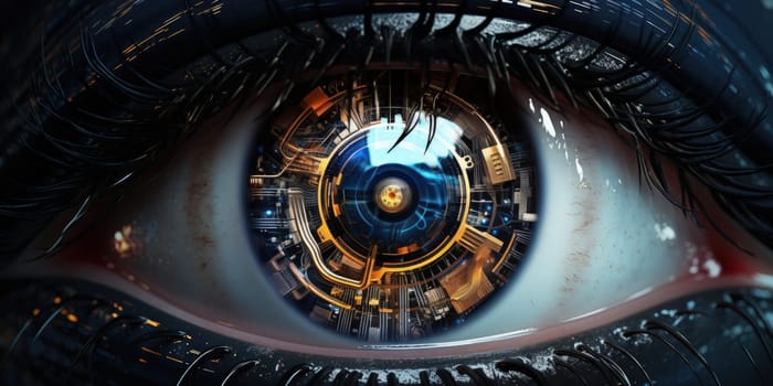 A close-up of a cybernetic eye, the intricate details of a metallic components and glowing circuitry visible, set against a dark