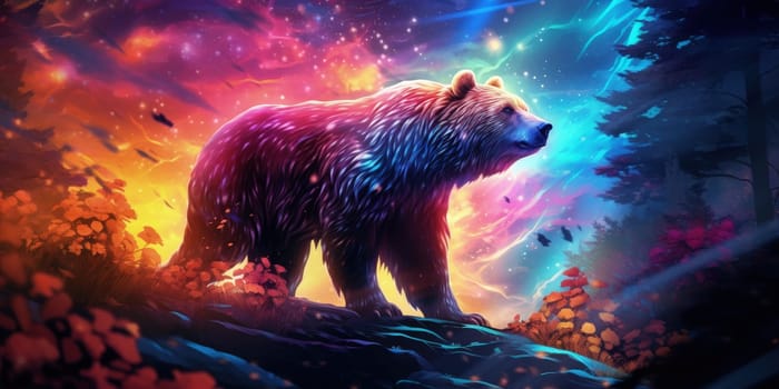 A majestic bear with a holographic shimmer, its fur reflecting an array of shifting colors, standing in mystical forest surrounded by iridescent foliage