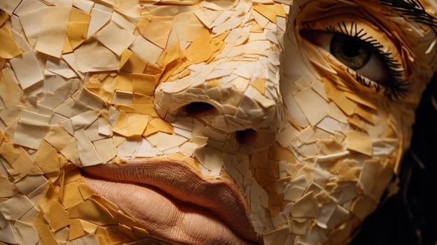 A close-up of a woman's face intricately adorned with a melted cheese, emphasizing the textures and patterns created by the flowing cheese