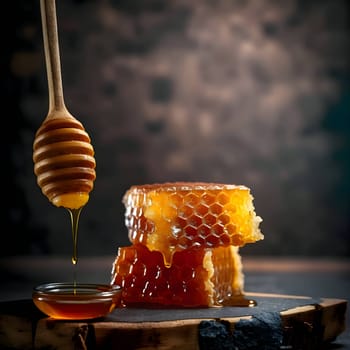 Honey drips enticingly from a stick, with two honeycombs nearby, creating a sweet and appetizing scene.