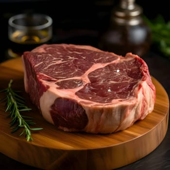 A raw beef steak is beautifully presented with rosemary on a circular wooden board, set against a blurred background, creating an appetizing and visually appealing scene.