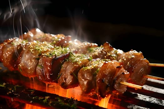 Shish kebab sizzling on the grill, showcasing tender grilled meat and vegetables, all expertly skewered for a delicious outdoor feast.