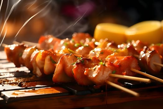 Shish kebab sizzling on the grill, showcasing tender grilled meat and vegetables, all expertly skewered for a delicious outdoor feast.