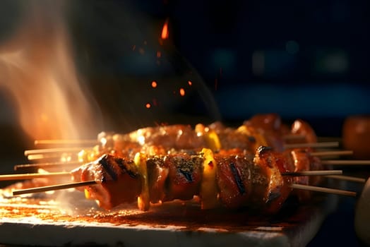 Shish kebab sizzling on the grill, showcasing tender grilled meat and vegetables, all expertly skewered for a delicious outdoor feast.