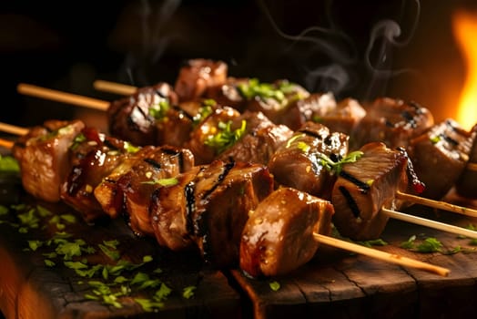 Shish kebab sizzling on the grill, showcasing tender grilled meat and vegetables, all expertly skewered for a delicious outdoor feast.