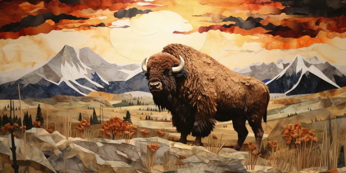 A dynamic torn paper collage portraying a majestic bison in its natural habitat