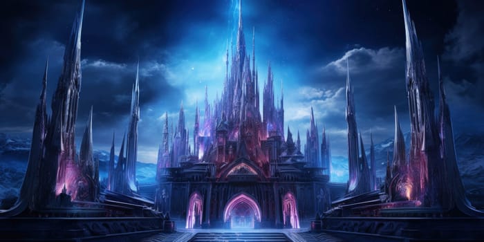 Gothic castle in a futuristic setting, with a neon lights accentuating gothic arches and spires