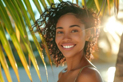 Summer portrait of beautiful happy smiling African young woman on sunny beach with palm trees leaves