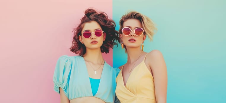 Fashionable portrait of stylish beautiful young two women models in sunglasses posing on colorful pastel pink blue studio background