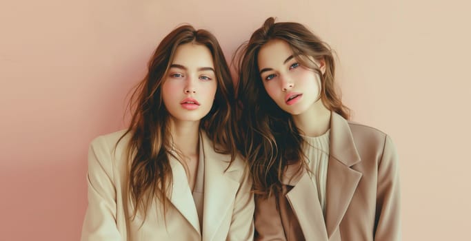 Fashionable portrait of stylish beautiful young two women models posing on pastel brown studio background