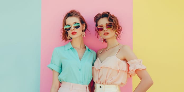 Fashionable portrait of stylish beautiful young two women models in sunglasses posing on colorful pastel pink blue studio background