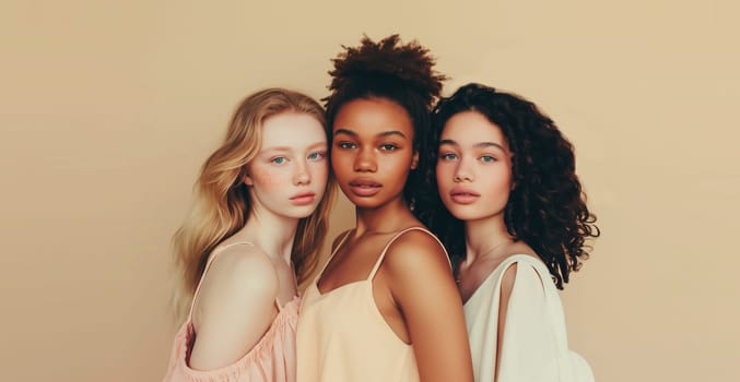 Group of beautiful stylish multiethnic young women together, three diverse models posing on soft pastel studio background