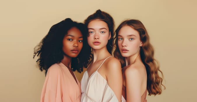 Group of beautiful stylish multiethnic young women together, three diverse models posing on soft pastel studio background